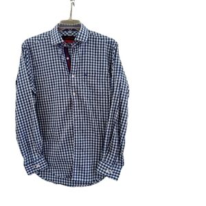 Cats Eye Blue & White Woven Checked button up shirt Size 16 neck EUC